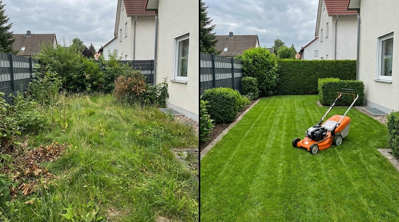 Gepflegter Garten nach professioneller Rasenpflege und Heckenschnitt in Landshut und München